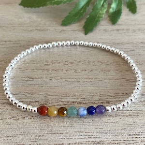 Seven Chakra and Silver Plated Stretch Bracelet, Rebalance-Harmonise-Positivity-Vitalise Healing Gemstone, Stacking Bracelet, Gift for Her,