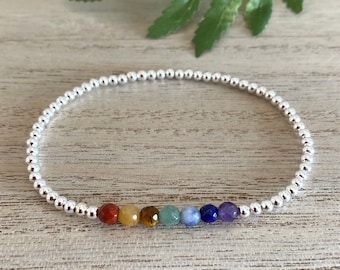 Seven Chakra and Silver Plated Stretch Bracelet, Rebalance-Harmonise-Positivity-Vitalise Healing Gemstone, Stacking Bracelet, Gift for Her,