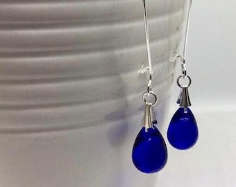 Cobalt Blue Earrings, Deep Blue Drop Earrings, Czech Glass Bead Jewelry, Blue Earrings, Teardrop Earring, Gift for Women, Uk shop