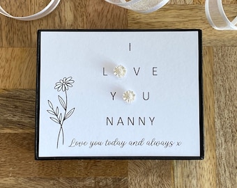 Nanny Sterling Silver Flower Earrings, I Love You Nanny Gift, Best Nanny Gift Idea, Quote Jewelry Card, Birthday Christmas Nanny Gift U.K.