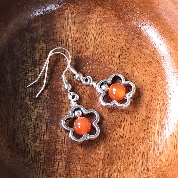 Stylish Carnelian Flower Earrings, Natural Orange Carnelian Gemstone, Flower Earrings, Sterling Silver and Clip-on Hooks, Gift for Her, UK