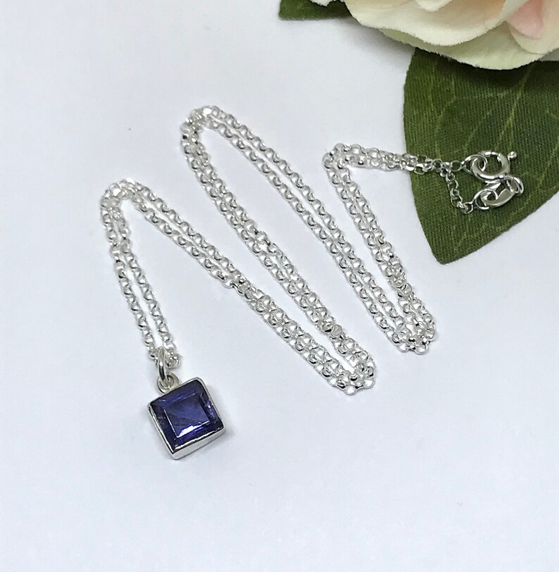 Gift for Her UK Sterling Silver Iolite Square Drop Necklace Genuine Iolite Gemstone Faceted Iolite Pendant December-January Birthstone