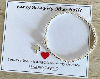 Fancy Being My Other Half Silver Bead Puzzle Bracelet, You're the Missing Piece in My Journey, Silver Plated Stretch Bracelet, Gift For Her