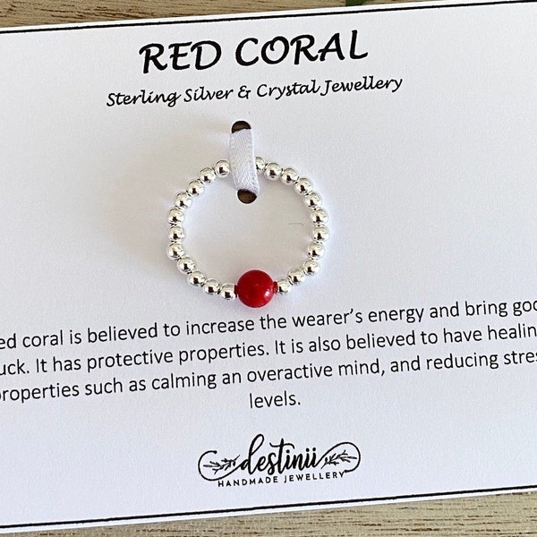 Sterling Silver Red Coral Bead Ring, Genuine Coral Gemstone, Protection-Good luck-Calming Healing Crystal, Stacking Ring, Gift For Her, UK