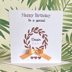 Special Cousin Birthday Card, Rose Gold Glitter Wreath, Satin Ribbon, Pearls and Hearts - Birthday Card for Cousin, Card for Her, UK