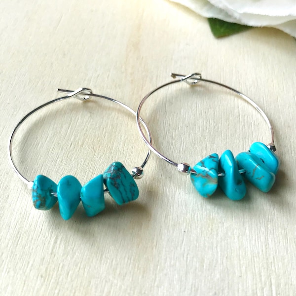 Turquoise Hoop Earrings, Gemstone Hoop Earrings, Boho Earrings, Chakra Healing Stone, Reiki, Bohemian Hoop Earrings, Gift for Her, UK Shop