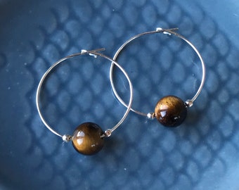 Tiger Eye Gemstone Crystal Hoop Earrings, Tiger Eye Jewellery, Bohohemian Earrings, Protective Crystal, Chakra Earrings, Gift for Her, UK