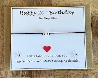 20歳の誕生日に贈る、素晴らしい20年間を彩るスターリングシルバービーズ、調節可能なコードブレスレット、20歳の誕生日おめでとうブレスレット、彼女へのプレゼント、英国