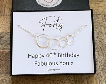 40th Birthday Sterling Silver Necklace, Forty and Fabulous, 4 Linked Circle Necklace, Women’s Jewellery Gift, 40th Birthday Gift for Her, UK