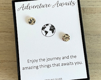 Sterling Silver World Map Stud Earrings, Planet Earth-Dainty Globe Studs, Adventure Awaits, Student-Graduation-Gift for Her, UK Shop