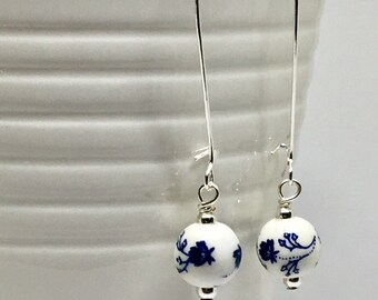 Dainty White and Blue Porcelain Dangle Earrings, Stylish, Elegant, Minimalist, Minimal jewellery, Everyday earrings, Gift for her, UK Shop