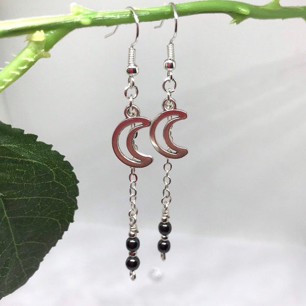 Silver Moon and Haematite Earrings, Moon Dangle Earrings, Sterling Silver Ear Wires, Crescent Moon Earrings, Boho Jewelry, Celestial, UK