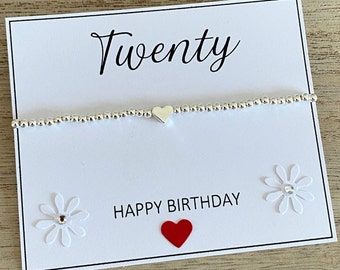 20th Birthday Heart Bracelet, Silver Beaded Stretch Bracelet, Twenty Happy Birthday Bracelet Gift, Stacking Bracelet, 20th Quote Card, UK