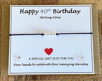 Fortieth Birthday Sterling Silver Beads for 4 Amazing Decades, Adjustable Cord Bracelet, Happy 40th Birthday Bracelet, Gift for Her, UK