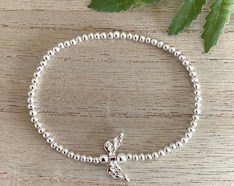 Angel Wing Silver Bead Stretch Bracelet, Silver Plated Angel Wing Bracelet, Guardian Angel-Loss of Loved One Jewellery, Friend-Mum-Sister UK