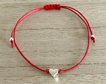 Silver Heart Adjustable Red Cord Bracelet, Gift for Her-Birthday, Anniversary, Christmas, Just because, Red Silver Jewellery, UK Shop