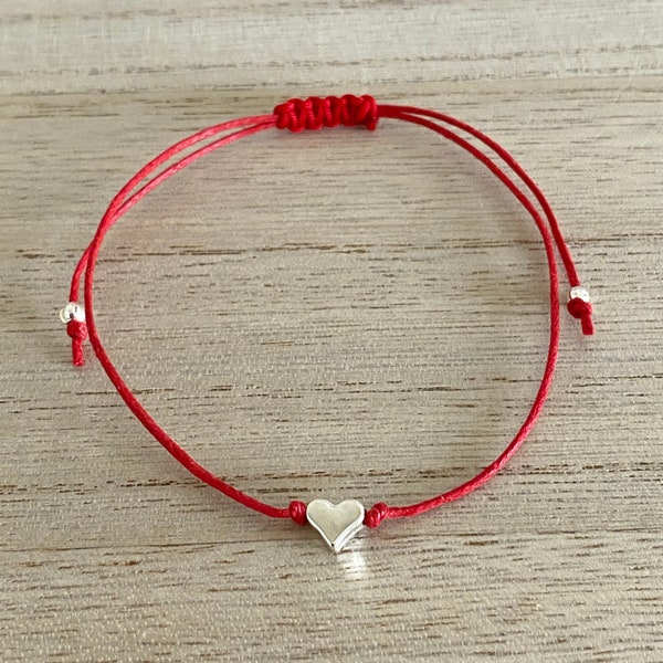 Silver Heart Adjustable Red Cord Bracelet, Gift for Her-Birthday, Anniversary, Christmas, Just because, Red Silver Jewellery, UK Shop