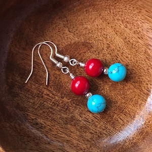 Turquoise Earrings, Blue and red Earrings, Coral Earrings, Modern Earrings, December Birthstone, Gemstone Jewellery, Boho Earrings