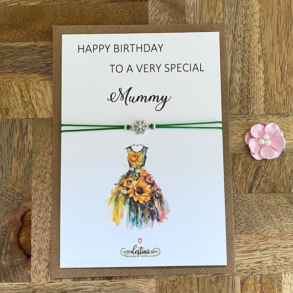 Special Mummy Silver Flower Birthday Bracelet, Mum Birthday Gift Card, Mum Birthday Present, Wish String Gift for Mum, UK