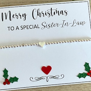 Joyeux Noël à une belle-sœur spéciale, cadeau bracelet coeur en perles d'argent, bracelet extensible plaqué argent, bracelet coeur, cadeau pour elle