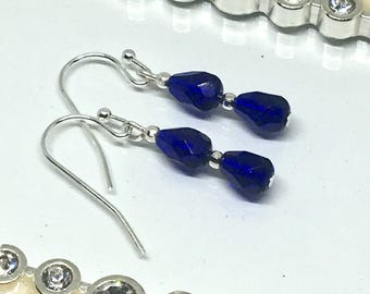 Cobalt blue glass drop earrings, Silver blue faceted teardrop earrings, Minimalist earrings, Sterling silver ear wires, Uk shop, Gift idea