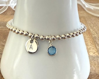 Personalised Initial Birthstone Silver Bracelet, Silver Stretch Bracelet, Birthday-Friend-Mum-Sister Initial Bracelet Gift, Uk Shop