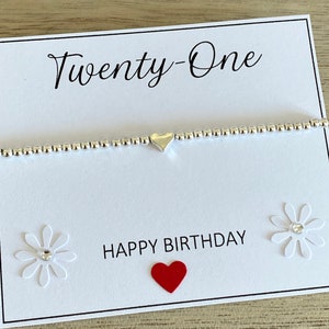 Bracelet coeur 21e anniversaire, bracelet extensible en perles d'argent, cadeau de vingt et un bracelet joyeux anniversaire, bracelet à empiler, carte devis 21e