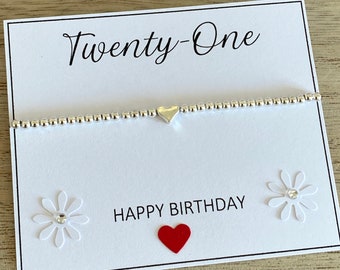 Bracelet coeur 21e anniversaire, bracelet extensible en perles d'argent, cadeau de vingt et un bracelet joyeux anniversaire, bracelet à empiler, carte devis 21e