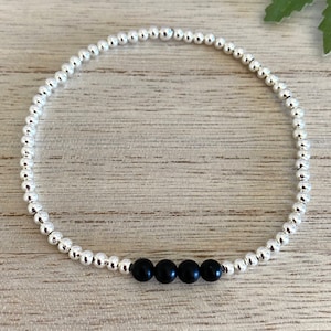 Genuine Black Onyx and Silver Bead Stretch Bracelet, Positivity-Friendship-Calming Healing Gemstone, Layering Bracelet, Gift for Her, UK