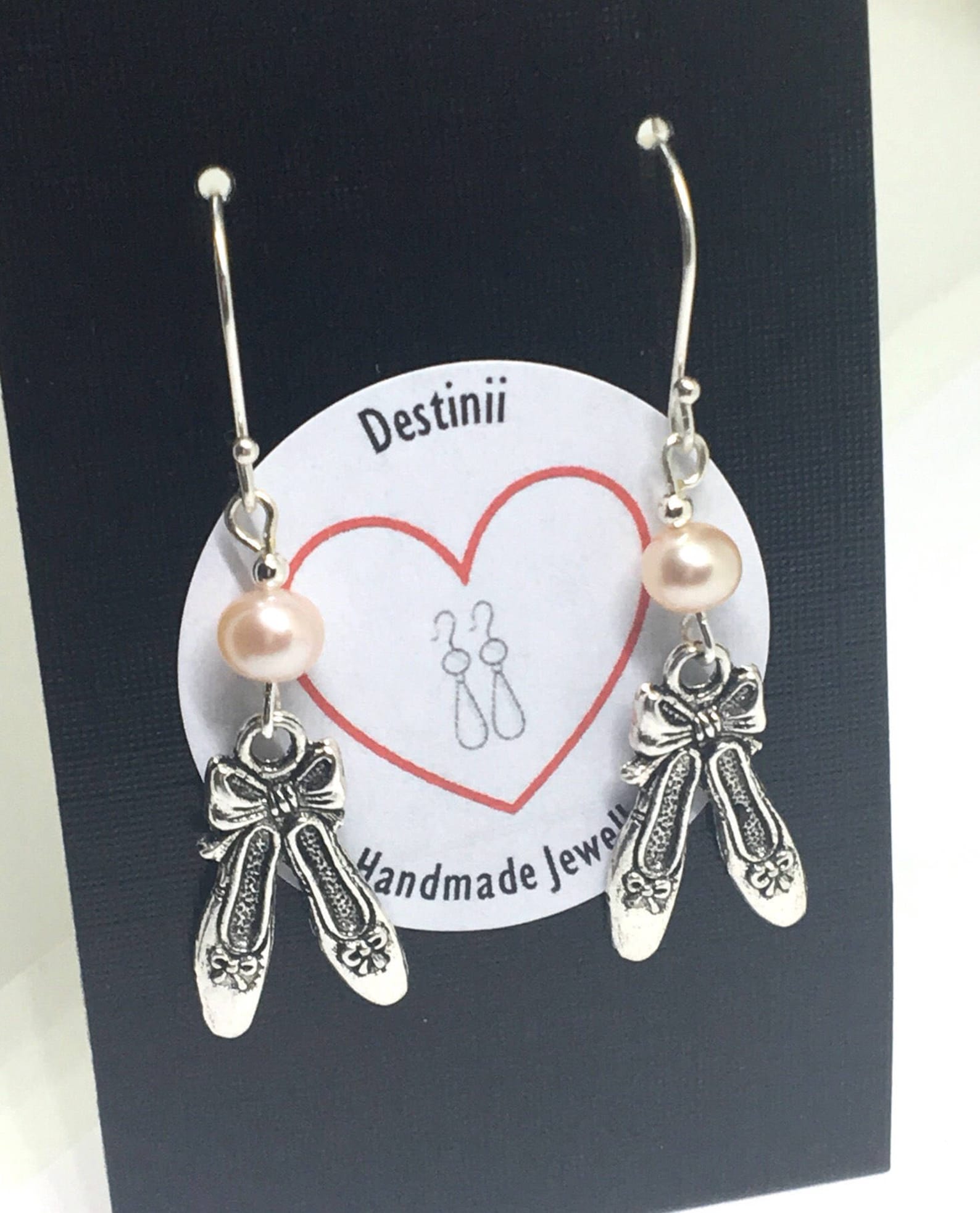 ballet slippers earrings with pink water pearls and sterling silver ear wires, ballerina earrings, ballet slippers jewelry, danc