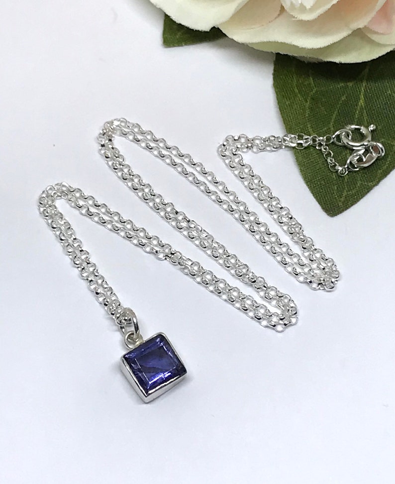 Gift for Her UK Sterling Silver Iolite Square Drop Necklace Genuine Iolite Gemstone Faceted Iolite Pendant December-January Birthstone
