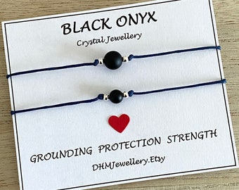 Bracelet cordon avec pierres précieuses en onyx noir véritable, bracelet réglable bohème de mise à la terre et de protection, idée cadeau de bracelet, bracelet de méditation Royaume-Uni