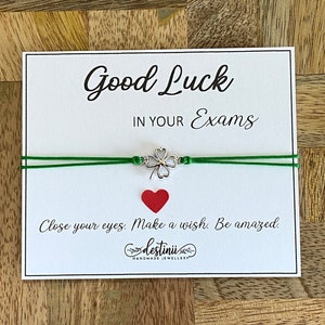 Pulsera de deseos de buena suerte en los exámenes, dije de trébol de cuatro hojas, pulsera ajustable de buena suerte, regalo para estudiantes, dije de recuerdo y tarjeta, Reino Unido