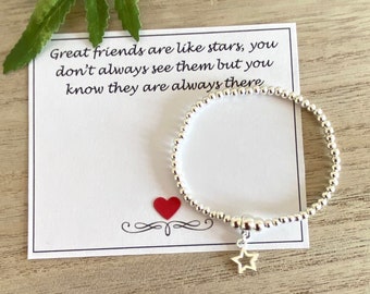 Great Friends Are Like Stars, Silver Beaded Star Bracelet, Silver Plated Stretch Bracelet, stacking Bracelet, Friend-Bestie Bracelet Gift UK
