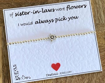 If Sister-In-Laws Were Flowers, I Would Always Pick You Quote-Silver Beaded Flower Bracelet, Silver Plated Bracelet, Sister-In-Law Gift UK