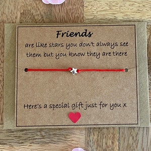 Sterlingzilveren ster rood koord verstelbare armband, Friends Are Like Stars Speciale vriend cadeau met kaart, verjaardag kerstcadeau, VK