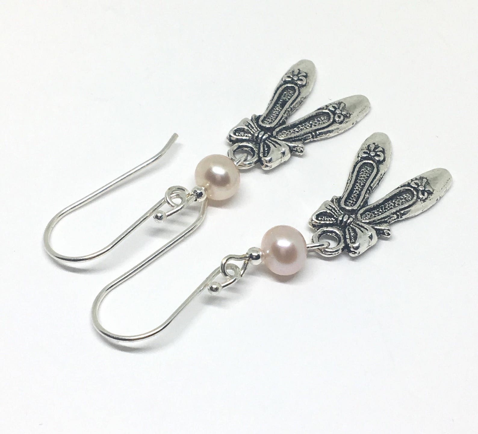 ballet slippers earrings with pink water pearls and sterling silver ear wires, ballerina earrings, ballet slippers jewelry, danc