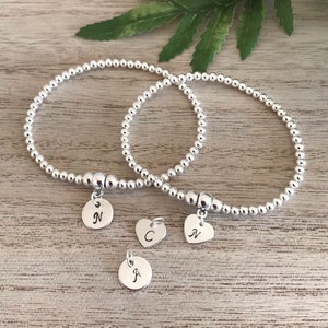 Personalised Initial Silver Plated Bracelet, Silver Beaded Stretch Bracelet, Initial Heart-Round Disc, Birthday-Friend-Mum-Sister Bracelet