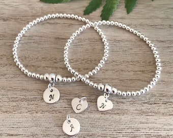 Personalised Initial Silver Plated Bracelet, Silver Beaded Stretch Bracelet, Initial Heart-Round Disc, Birthday-Friend-Mum-Sister Bracelet