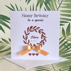 Special Niece Birthday Card, Rose Gold Glitter Wreath, Satin Ribbon, Pearls and Hearts - Birthday Card for Niece, Card for Her, UK
