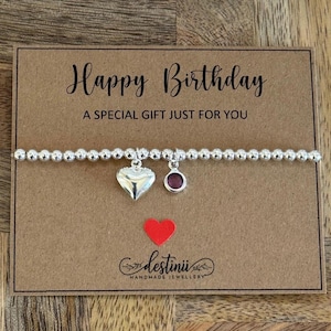 Pulsera de plata con corazón de feliz cumpleaños y piedra natal, pulsera elástica de plata con corazón, pulsera para cumpleaños de amiga, madre y hermana, idea de regalo de cumpleaños, Reino Unido
