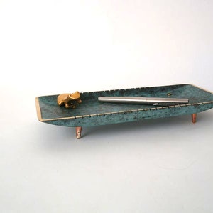 Vintage brass desk Set, business card dish, 50s brass pen stock, pens stock, rockabilly desk set