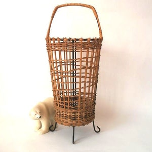 Mid century Umbrella stand, vintage interior umbrella holder, black metal wicker rattan Umbrella stand, West Germany, MCM metal furniture