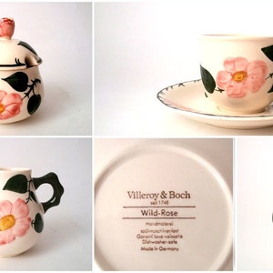 Vintage Villeroy & Boch Wild Rose Mettlach sugar bowl, creamer West Germany, mid century porcelain cups saucer wild rose, farmhouse dish