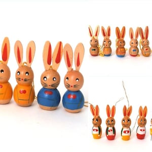 Vintage wooden easter decoration rabbits, vintage easter shrub ornaments rabbits, german folk art GDR easter decoration, easter rabbits