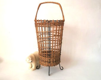 Mid century Umbrella stand, vintage interior umbrella holder, black metal wicker rattan Umbrella stand, West Germany, MCM metal furniture