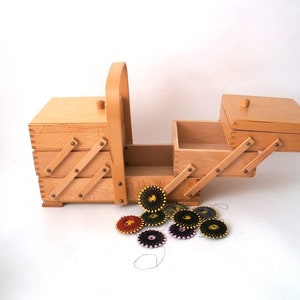 Vintage sewing box, mid century sewing basket wooden sewing box, wooden fold out box,  mcm sewing box, craft box 80s wooden sewing box