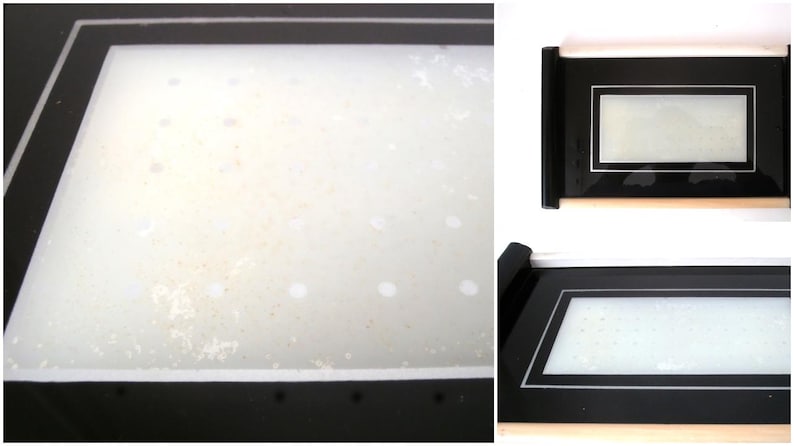 May include: A black framed picture with a white mat and a white background. The picture is slightly dirty.