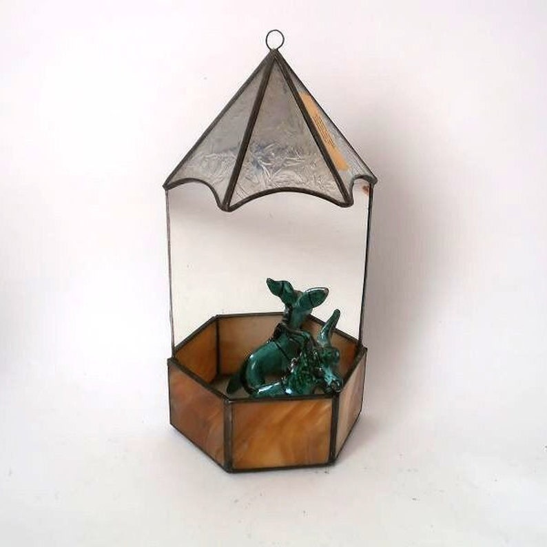 Vintage Tiffany glass greenhouse for cacti, geometric glass terrarium for succulents indoor, mid century table miniature flower display case 画像 1