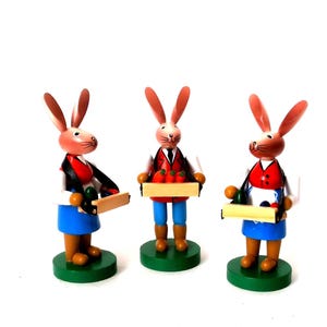 Vintage easter rabbits made of wood, wooden easter decor German folk art, easter bunny rabbit, easter animal figurine